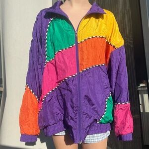 70s/80s Vintage Purple and Multi-Coloured Windbreaker Jacket